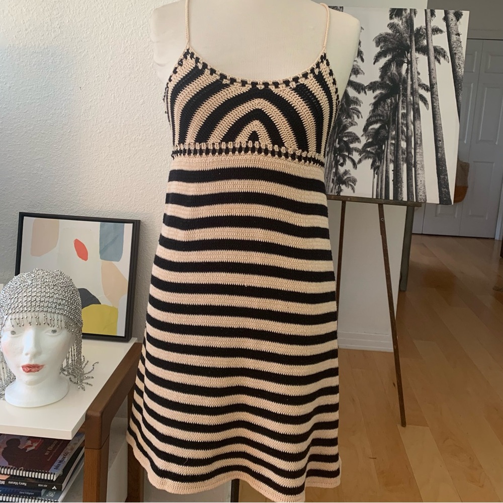 Miou Muse Sleeveless boho Knit/Crochet mini dress with black and beige stripes